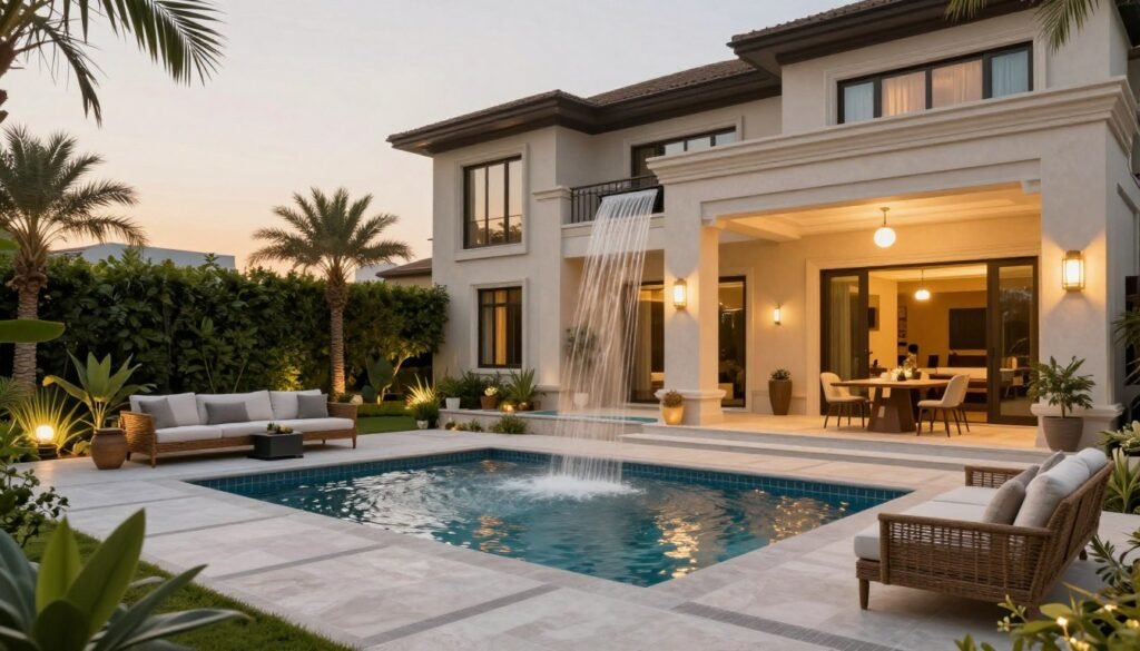 حديقة منزل فاخرة كاملة مع شلال ونوافير في الكويت حديقة منزل فاخرة كاملة مع شلال ونوافير في الكويت