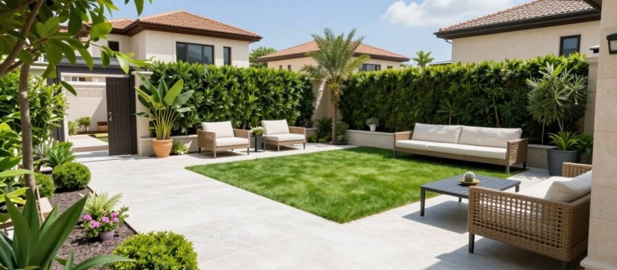 حديقة منزلية جميلة في مبارك الكبير مع تنسيق احترافي ونباتات خضراء