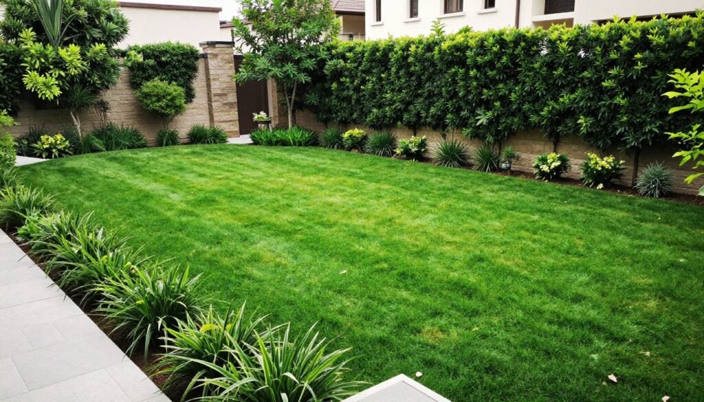 حديقة منزلية جميلة مع عشب طبيعي كثيف وأخضر
