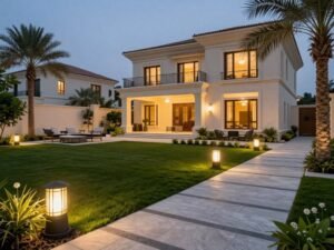 حديقة منزلية فاخرة في الأحمدي مع مسارات حجرية وإضاءة ليلية