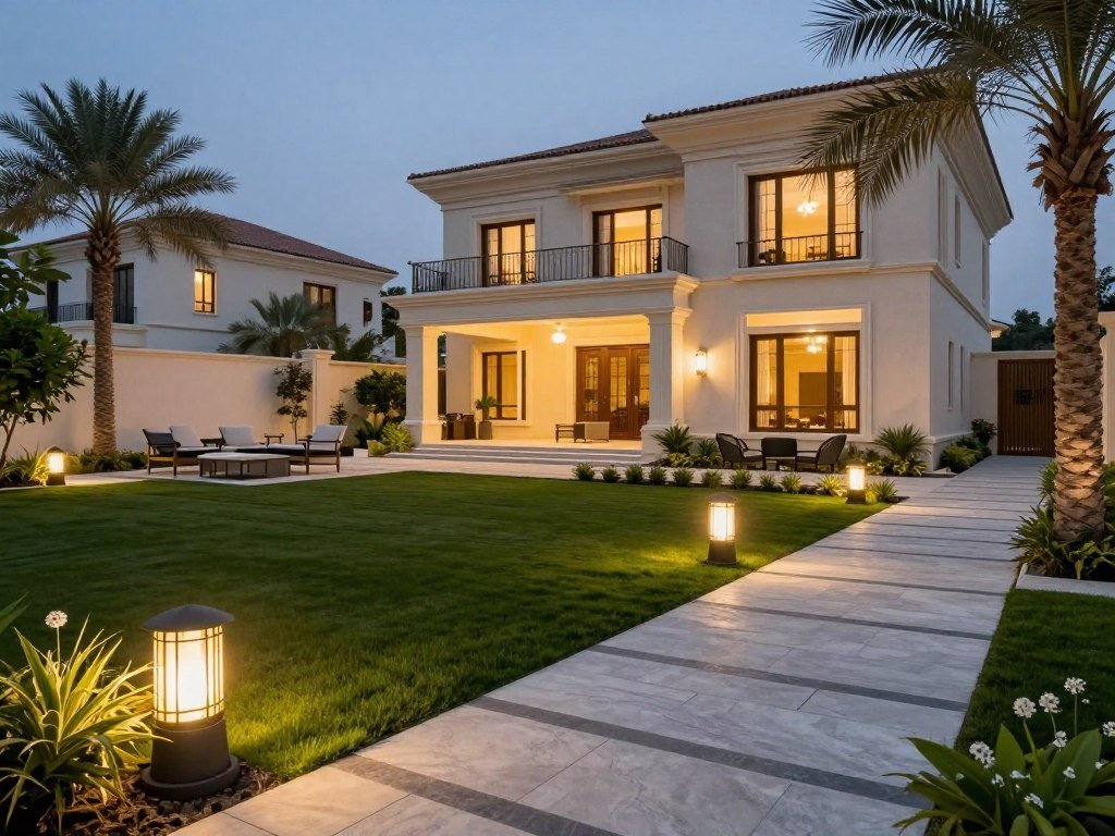 حديقة منزلية فاخرة في الأحمدي مع مسارات حجرية وإضاءة ليلية حديقة منزلية فاخرة في الأحمدي مع مسارات حجرية وإضاءة ليلية