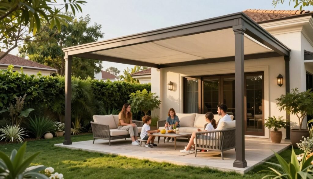 حديقة منزلية كويتية جميلة مع مظلة أنيقة