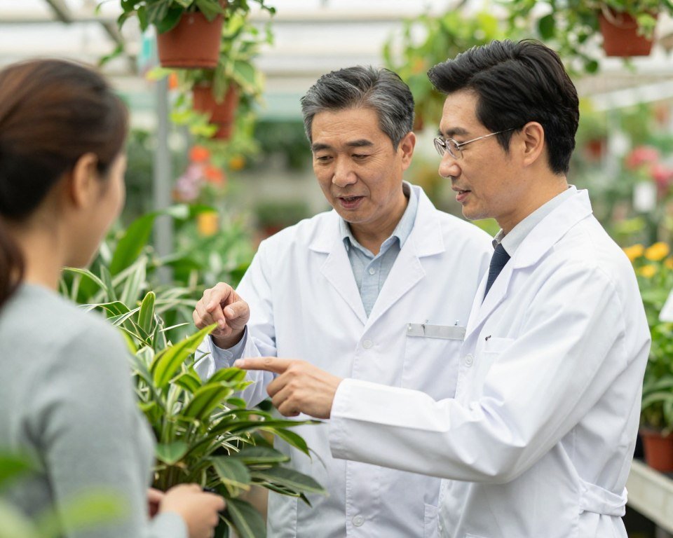 خبير نباتات يقدم استشارة لعميل في مشتل