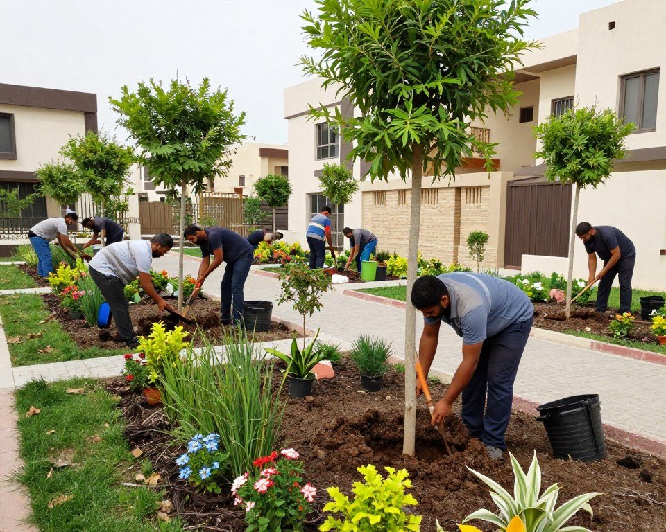 زراعة أشجار وزهور في حديقة