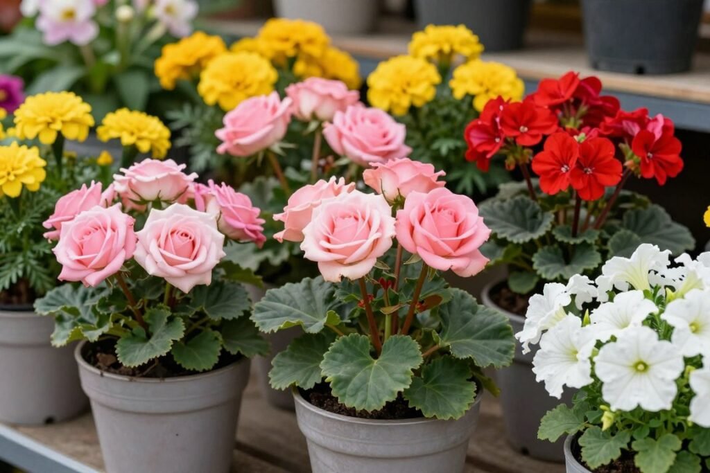 زهور ملونة في أصص في مشتل نباتات