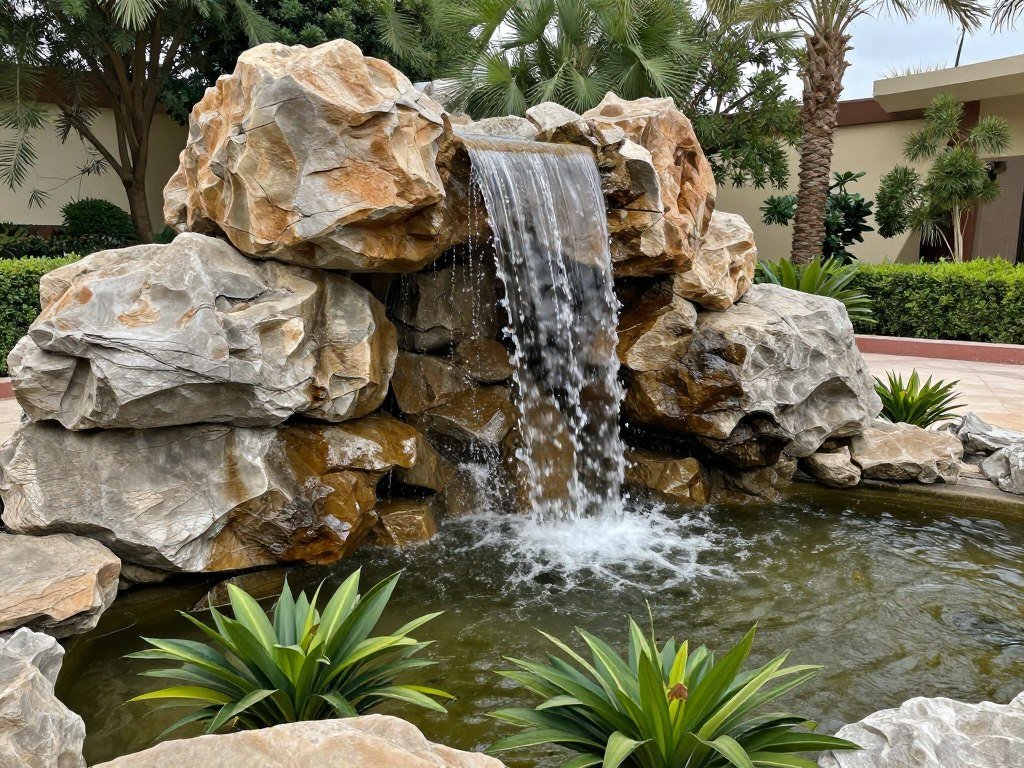 شلال صناعي مع صخور طبيعية في حديقة كويتية شلال صناعي مع صخور طبيعية في حديقة كويتية