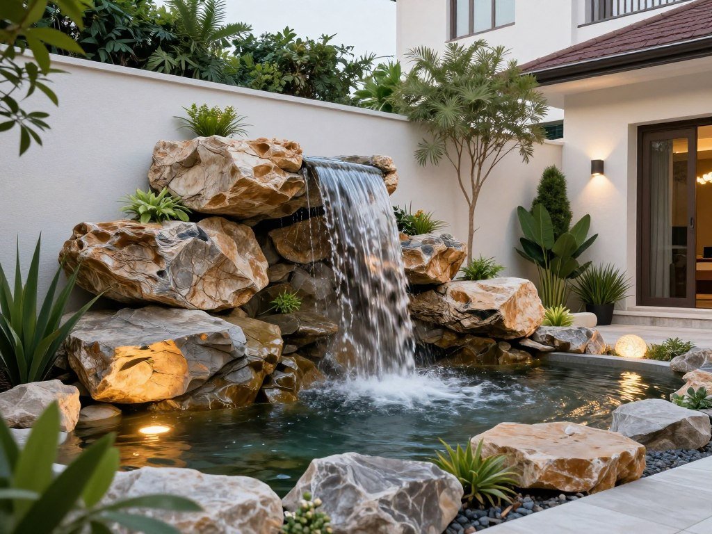 شلال ونافورة في حديقة منزلية شلال ونافورة في حديقة منزلية