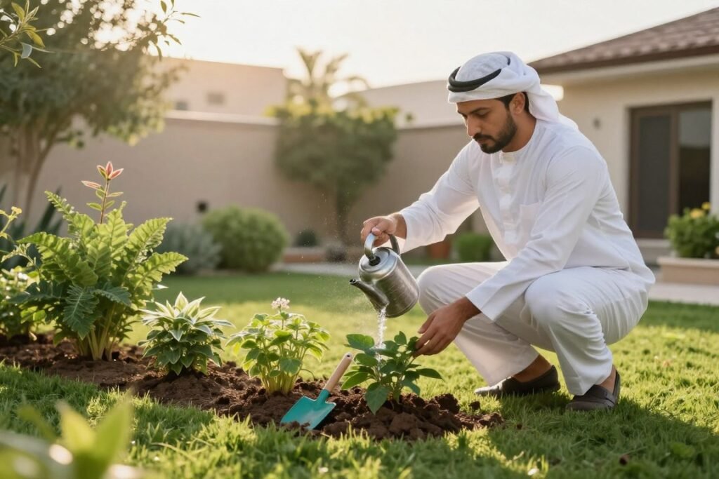 صاحب منزل يعتني بحديقته في الكويت صاحب منزل يعتني بحديقته في الكويت