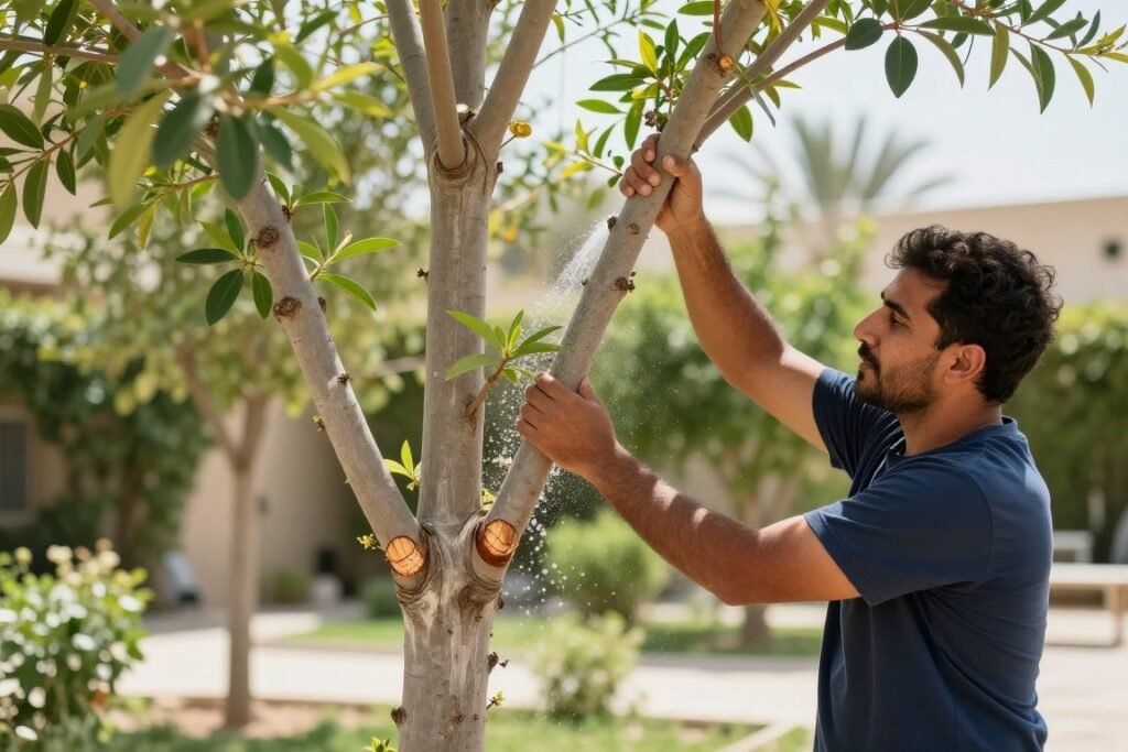 صاحب منزل يعتني بشجرة مقلمة حديثاً في حديقته
