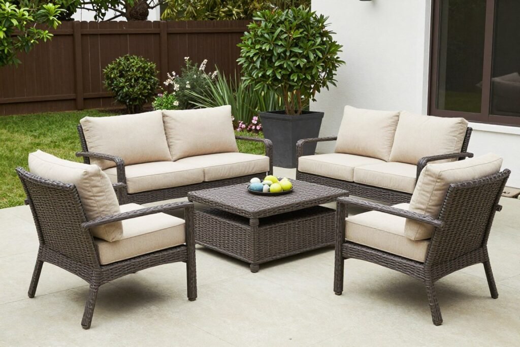 طقم جلوس خارجي كامل مع كنب ومقاعد مريحة