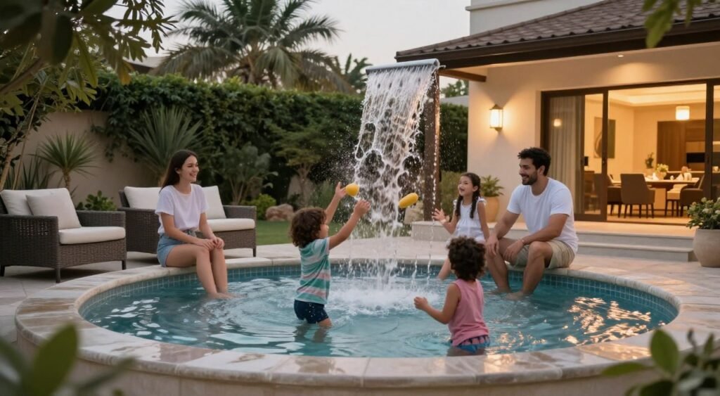 عائلة تستمتع بالجلوس قرب شلال في حديقة منزلها عائلة تستمتع بالجلوس قرب شلال في حديقة منزلها