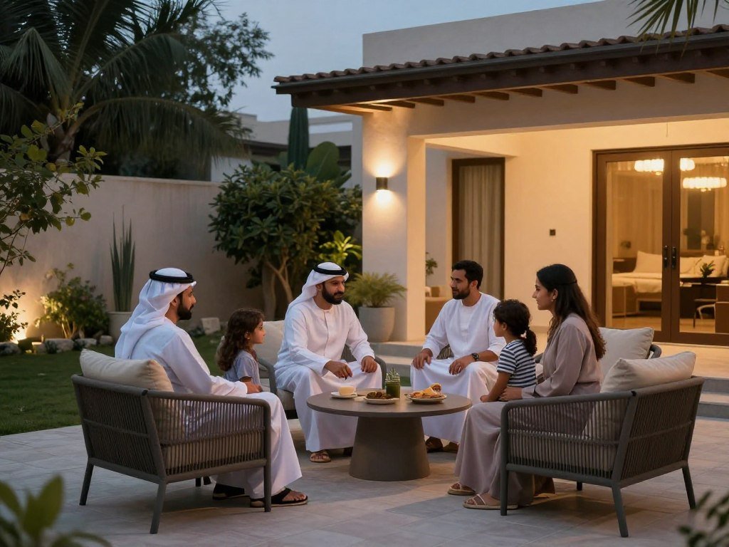 عائلة كويتية تستمتع بوقتها في جلسة خارجية مريحة بحديقة المنزل
