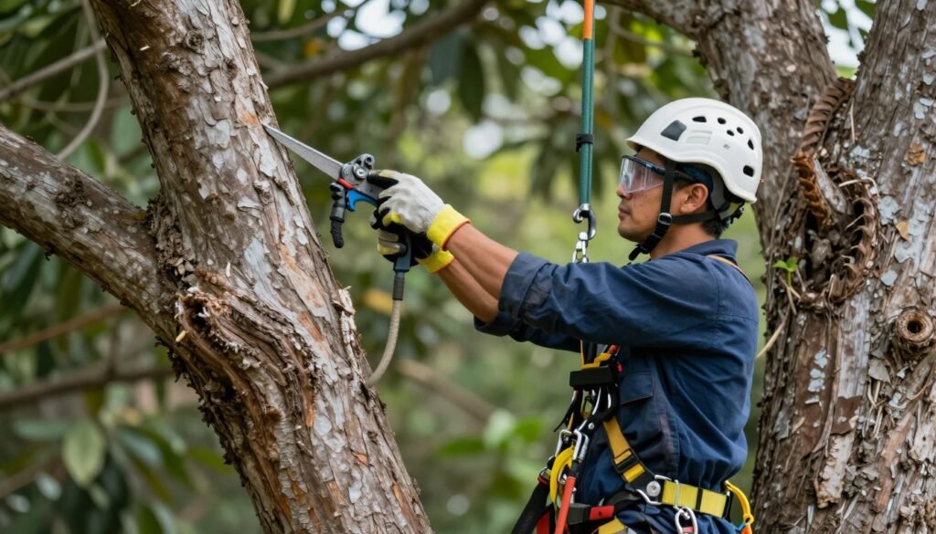 عامل يرتدي معدات السلامة الكاملة أثناء تقليم شجرة كبيرة