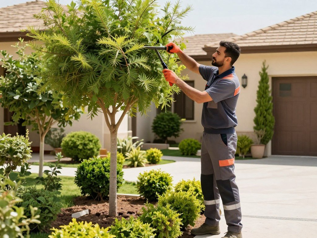 عامل يقوم بتقليم الأشجار والشجيرات في حديقة منزلية عامل يقوم بتقليم الأشجار والشجيرات في حديقة منزلية