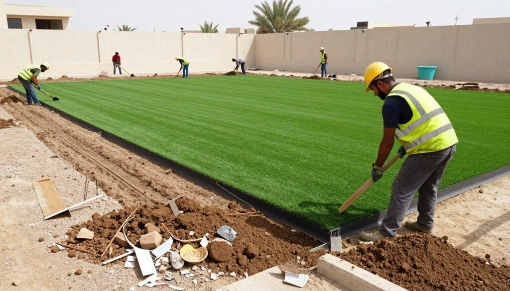 عملية تحضير الأرض لتركيب الثيل الصناعي عملية تحضير الأرض لتركيب الثيل الصناعي