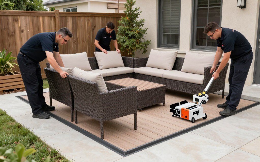 عملية تركيب احترافية لجلسة خارجية مع معدات متخصصة