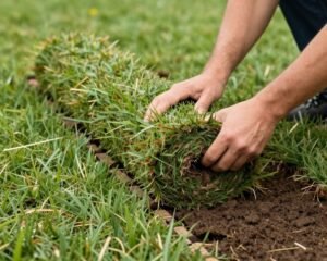 عملية تركيب وترصيص لفائف العشب