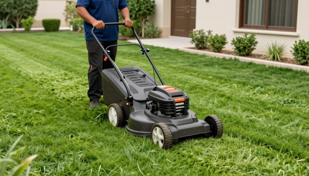 عملية قص وتشذيب العشب في حديقة بالأحمدي عملية قص وتشذيب العشب في حديقة بالأحمدي