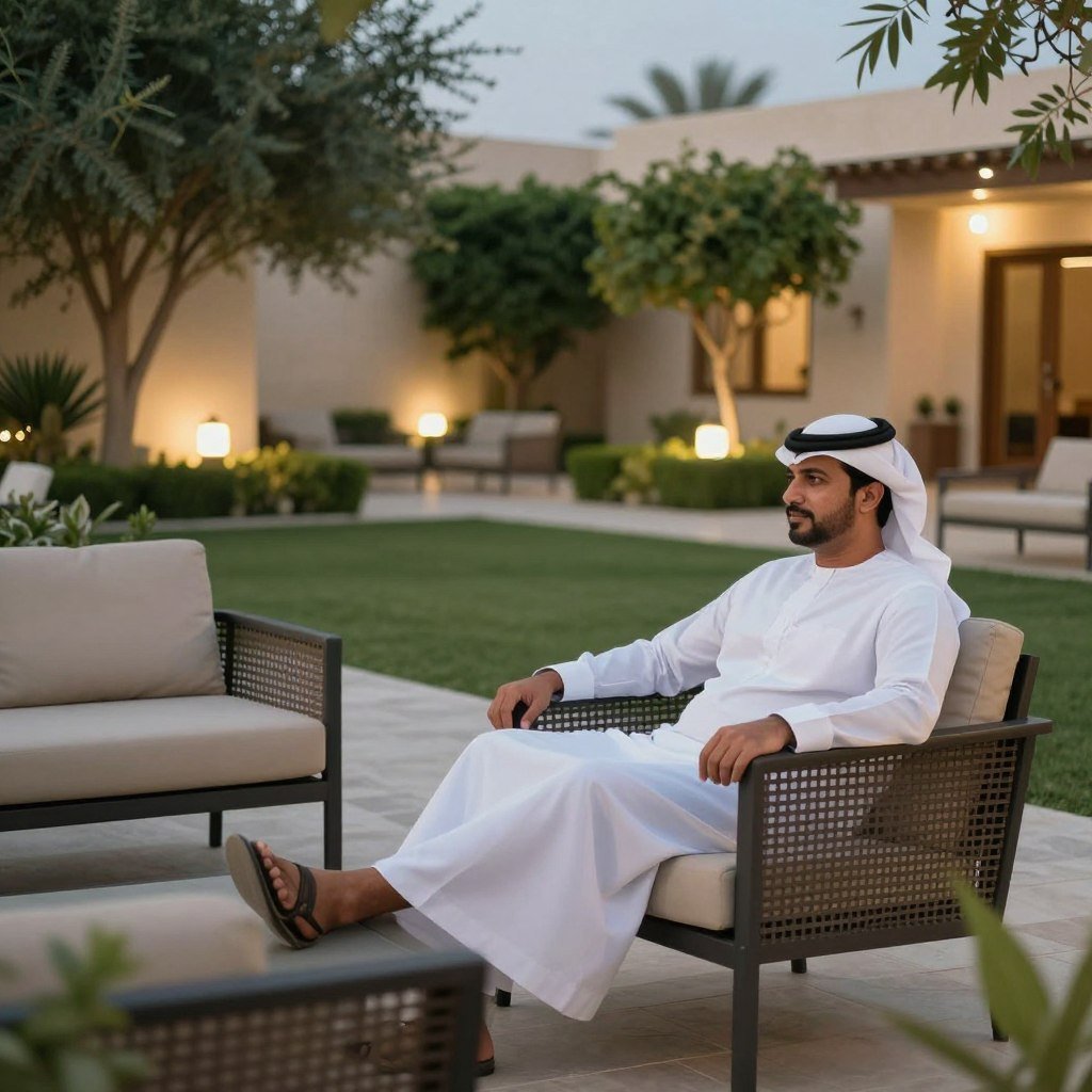 عميل يستمتع بجلسة خارجية في حديقته عميل يستمتع بجلسة خارجية في حديقته