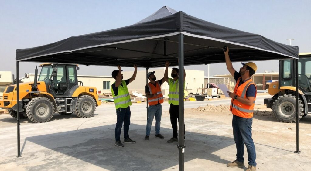 فريق تركيب مظلات السيارات المحترف أثناء العمل