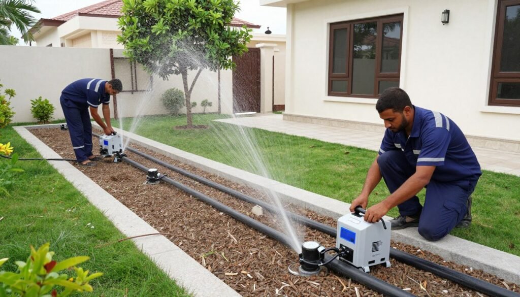 فريق دار الروضة يركب نظام ري في حديقة فيلا فريق دار الروضة يركب نظام ري في حديقة فيلا