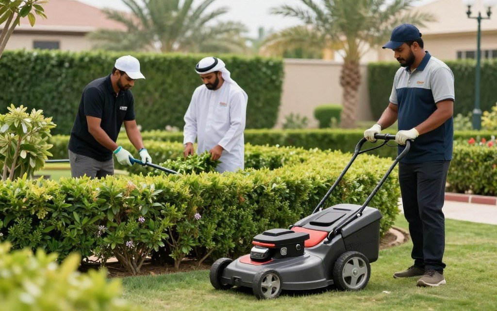 فريق صيانة حدائق دار الروضة أثناء العمل في صباح الأحمد فريق صيانة حدائق دار الروضة أثناء العمل في صباح الأحمد