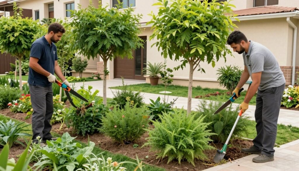 فريق صيانة يعمل على تقليم الأشجار والعناية بالحديقة فريق صيانة يعمل على تقليم الأشجار والعناية بالحديقة