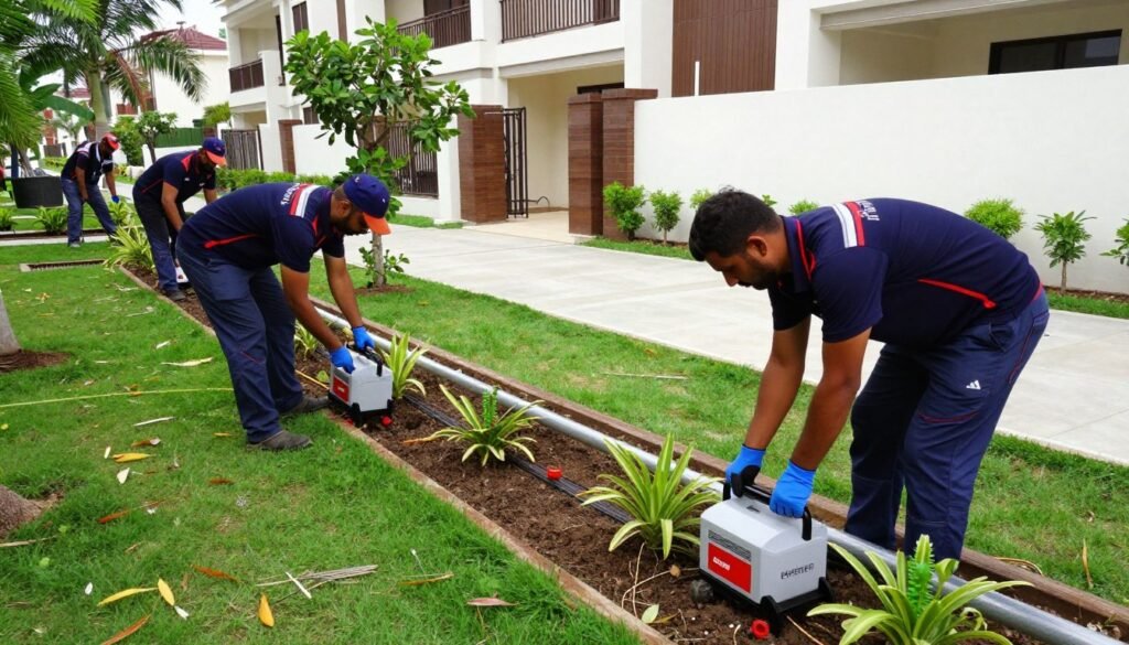 فريق عمل دار الروضة أثناء تنسيق حدائق في صباح الأحمد فريق عمل دار الروضة أثناء تنسيق حدائق في صباح الأحمد