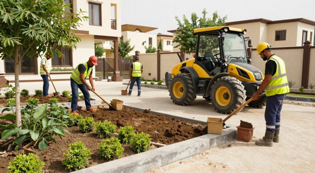 فريق عمل دار الروضة لتنسيق الحدائق في موقع العمل