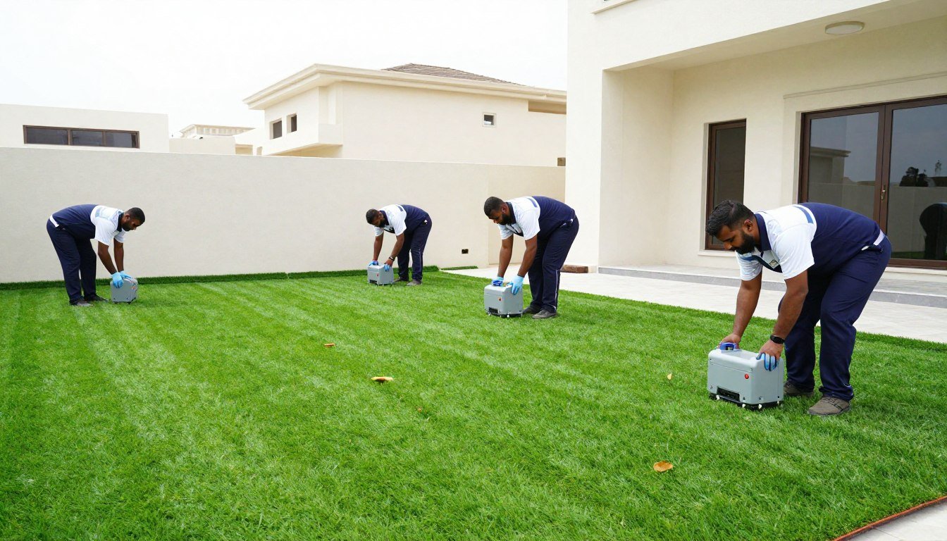 فريق عمل دار الروضة يعمل على تركيب الثيل الصناعي