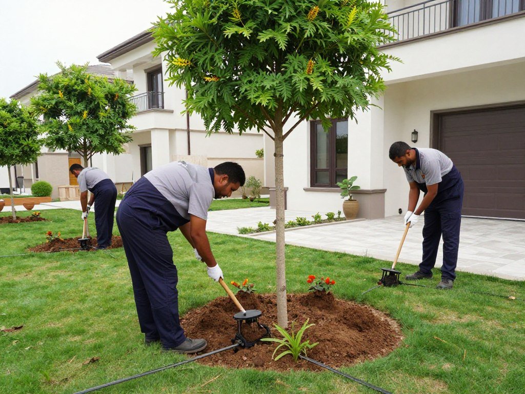 فريق عمل شركة تنسيق حدائق الروضة أثناء تنفيذ مشروع