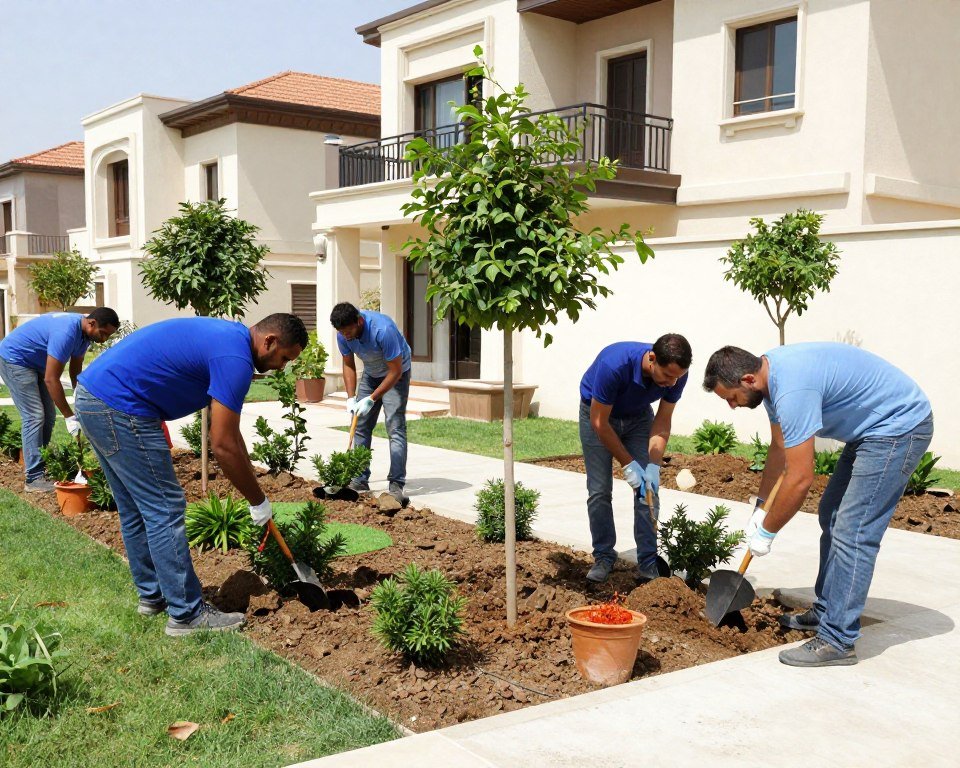 فريق عمل يقوم بزراعة نباتات في حديقة منزل
