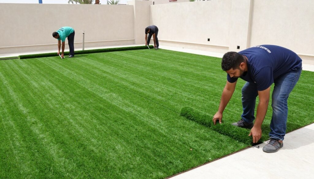 فريق محترف يقوم بتركيب الثيل الصناعي فريق محترف يقوم بتركيب الثيل الصناعي