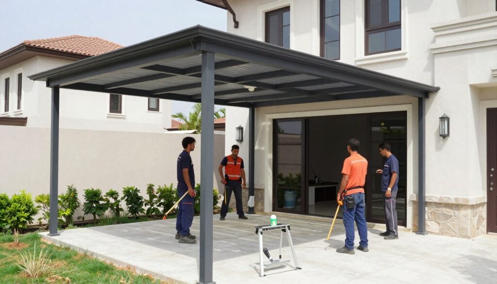 فريق محترف يقوم بتركيب مظلات حدائق