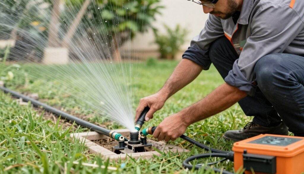 فني يقوم بصيانة نظام الري وتنظيف الفلاتر فني يقوم بصيانة نظام الري وتنظيف الفلاتر