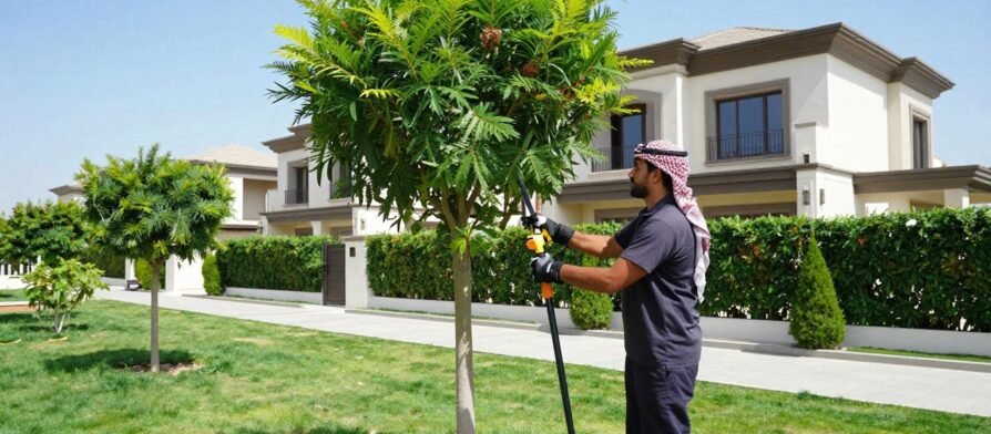 قص وتقليم أشجار في حديقة منزل كويتية مع عامل محترف