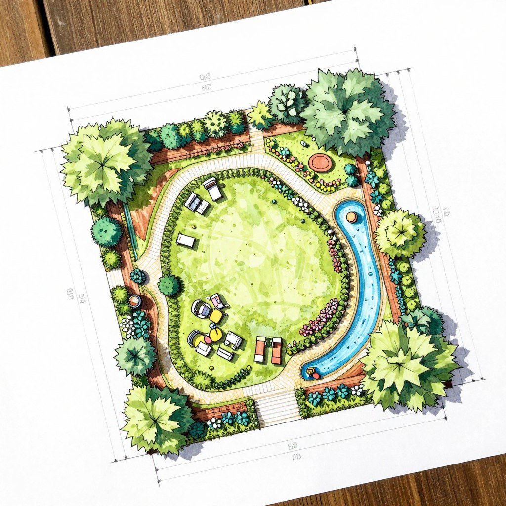 مخطط تفصيلي لحديقة منزلية مع مناطق متعددة الاستخدام مخطط تفصيلي لحديقة منزلية مع مناطق متعددة الاستخدام