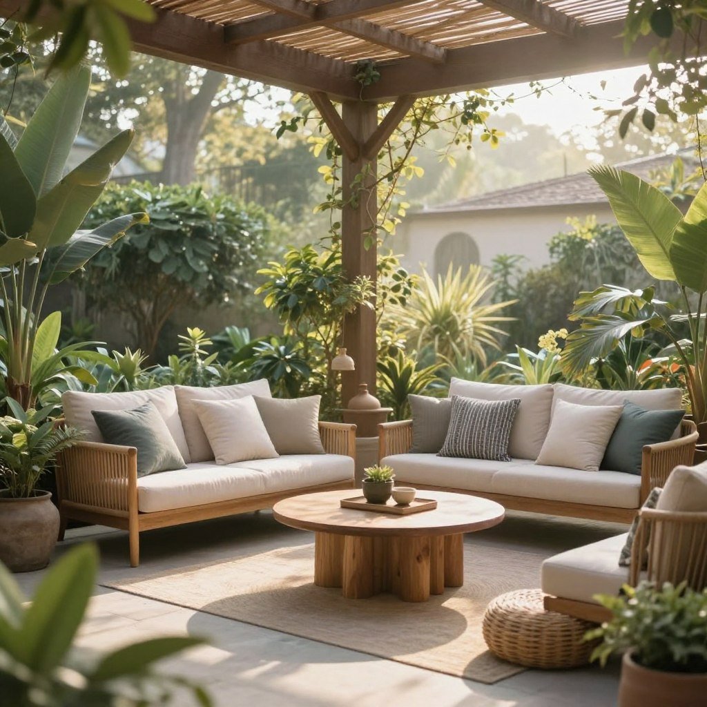 مساحة استرخاء خارجية هادئة مع أثاث مريح ونباتات