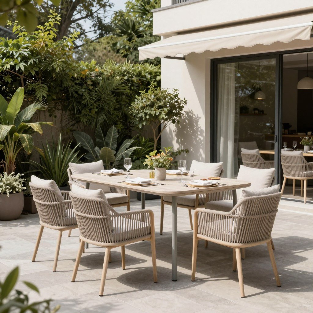 مساحة خارجية مخصصة لتناول الطعام مع طاولة وكراسي أنيقة