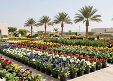 مشاتل نباتات في الكويت مع مجموعة متنوعة من الزهور والنباتات الخضراء