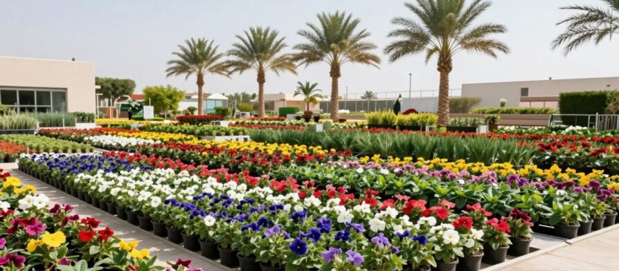 مشاتل نباتات في الكويت مع مجموعة متنوعة من الزهور والنباتات الخضراء