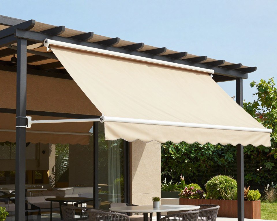 مظلة قماشية قابلة للطي فوق جلسة خارجية