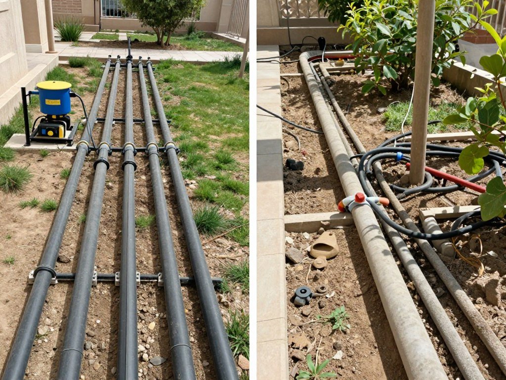 مقارنة بين تركيب احترافي وتركيب غير احترافي لشبكات الري مقارنة بين تركيب احترافي وتركيب غير احترافي لشبكات الري