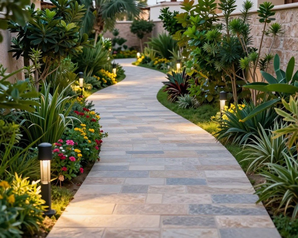 ممر حجري جميل بين النباتات في حديقة بالأحمدي ممر حجري جميل بين النباتات في حديقة بالأحمدي