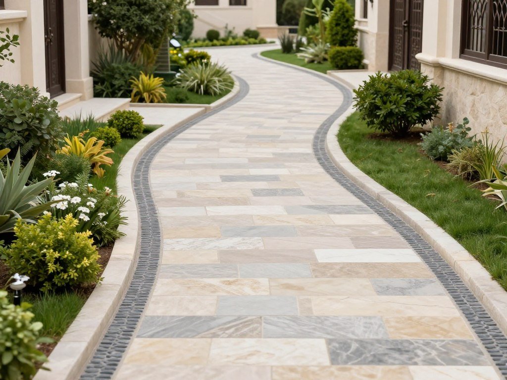 ممرات حجرية أنيقة في حديقة فيلا