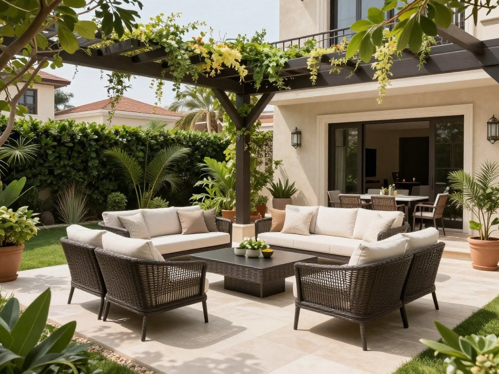منطقة جلوس خارجية في حديقة فاخرة