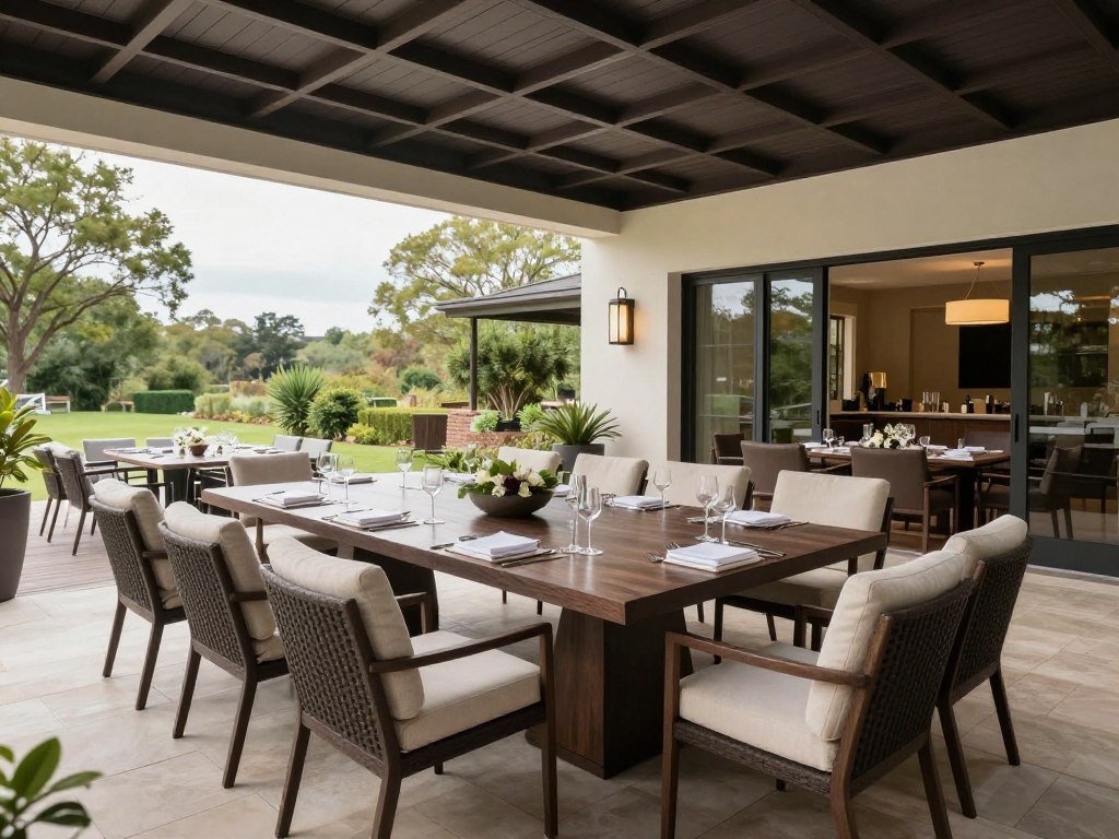 منطقة طعام خارجية واسعة مع طاولة كبيرة ومقاعد فاخرة