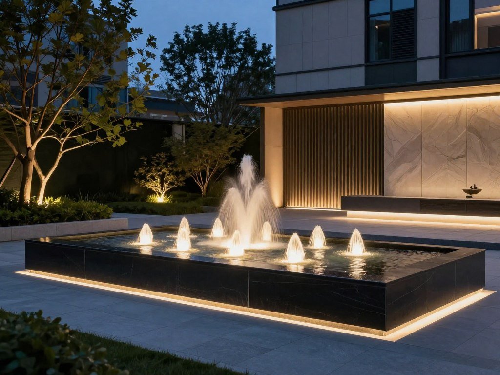 نافورة حديثة مضاءة في حديقة عصرية نافورة حديثة مضاءة في حديقة عصرية