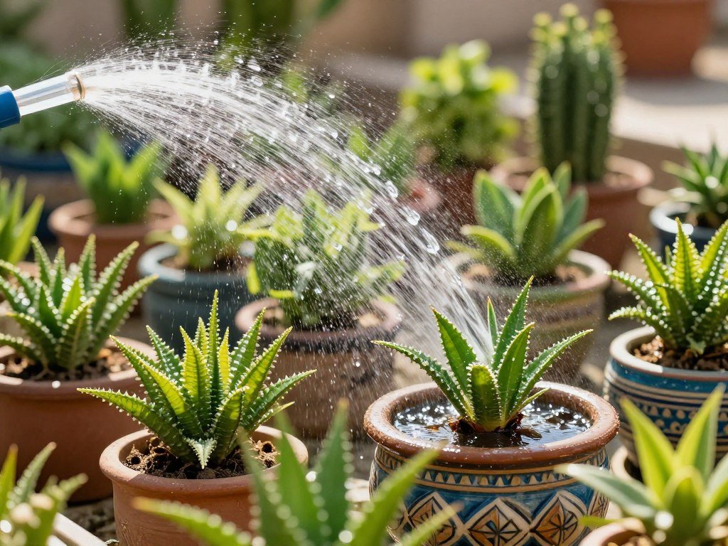 نباتات في pots تتلقى الري في حديقة كويتية