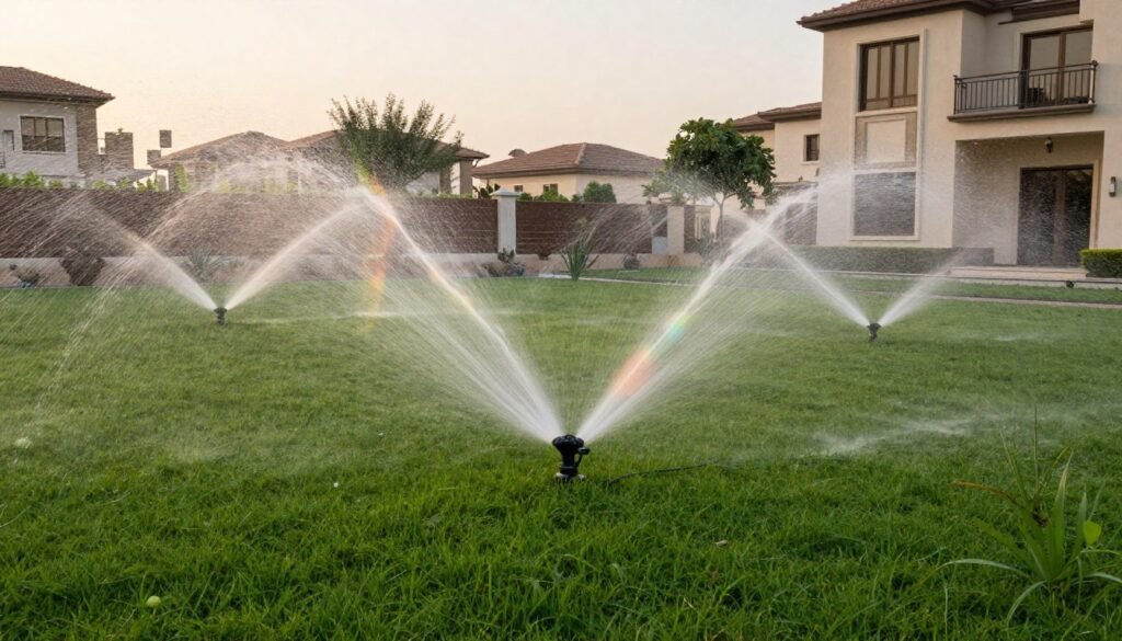 نظام الري بالرش يعمل في حديقة عشبية واسعة نظام الري بالرش يعمل في حديقة عشبية واسعة